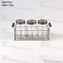 Conjunto de 3 PCS Glass Mason Jar com Stand Metal Flatware Stand